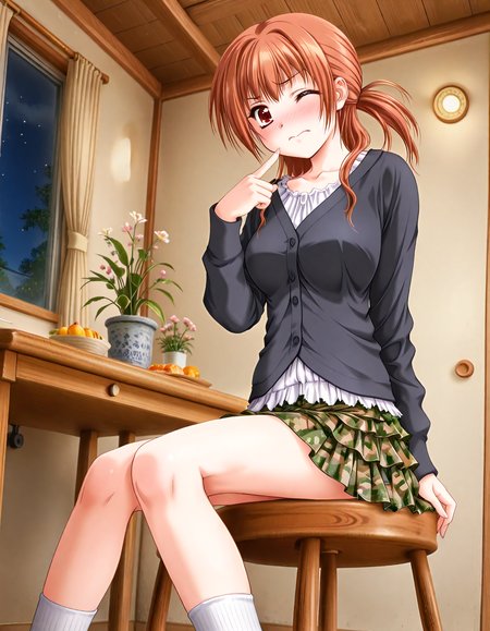 (1girl, solo:1.3), (2girls, 3girls, 4girls, multiple girls, 2boys, 3boys, 4boys, multiple boys:-1.5) <lora:Kazuyagi_Akane_Gore_Screaming_Show_Illustrious:0.9>, Kazuyagi_Akane, large breasts, red eyes, brown eyes, brown hair, long hair, low ponytail, cardigan, black cardigan, long sleeves, blouse, white blouse, green skirt, camouflage, white legwear, embarrassed, one eye closed, general, contrapposto, dynamic pose, pointing at viewer, portrait, from side, from below, dutch angle, (close-up, face focus:1.2), indoors, dining room, cafe table, stool, sitting on stool, window, outdoor view, curtains, plant, potted plant, flower, (perspective:0.7), <lora:NOOB_EPSv1_1_detailer_by_vlnvk_v1_0:1.5>, (photo background:0.7), night, (tachibana yuu:0.6), inue shinsuke, (kazuma muramasa:0.0), saikawa yusa, (aoi manabu:0.6), abarerumidori, (suzui narumi:0.6), masterpiece, newest, absurdres, 8K, anime screenshot, anime coloring, flat color, official art, film grain, <lora:illustriousXLv01_stabilizer_v1.185c:0.7>, <lora:LECO_Solo:-4.0>,