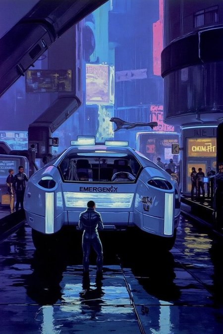 sydme1 painting 
a futuristic, high-tech environment. The scene is dominated by a sleek, silver, futuristic vehicle labeled "EMERGENCY 20" with a distinctive, angular design, featuring a large, curved windshield and glowing blue lights. The vehicle is positioned in the foreground, slightly to the right, on a reflective, wet surface that mirrors the surrounding neon lights. <lora:sydme6_cap_d6a3:1.0><lora:811017583865288347:0>