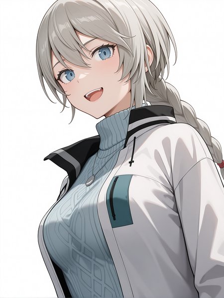 masterpiece,best quality,newest,
1girl,solo,
<lora:ADELAIDE_BLUTHAUSEN_ilxl_v1.0:1>,a_bluthausen,grey hair,blue eyes,braided ponytail,
s_nase,necklace,white jacket,long sleeves,turtleneck sweater,ribbed sweater,
<lora:Fixhands_anime_bdsqlsz_V1:1>,looking_at_viewer,upper_body,face_focus,dynamic_angle,cinematic_angle,white_background,simple_background,portrait,laughing,