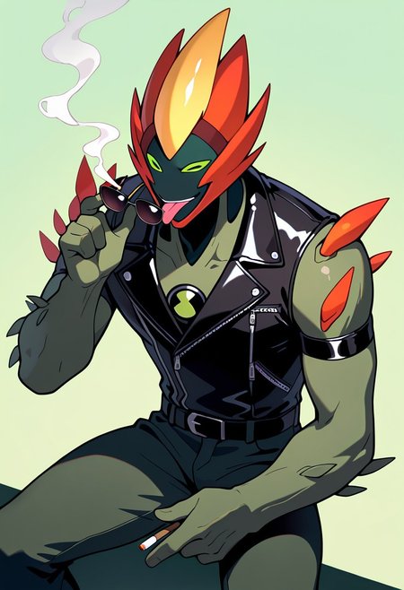 masterpiece, best quality, amazing quality, very aesthetic, absurdres, newest, 
swampfire, colored skin, spikes, colored sclera, 1boy, green skin, green eyes, pokemon (creature), shoulder spikes, no humans,  green background, 
finger guns, leather jacket, sunglasses, pulling sunglasses, tongue out, smile, cigarette, smoking,