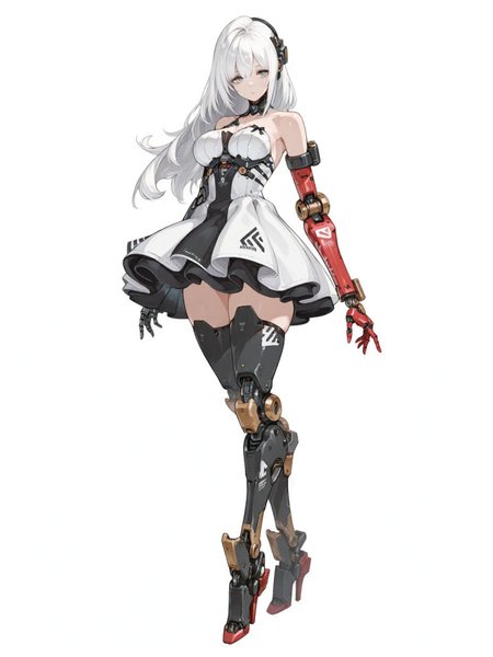 ZZZ, 1girl,solo,long hair,mechanical legs,mechanical arms,high heels,breasts,white background,full body,thighhighs,cyborg,simple background,bare shoulders,standing,white hair,single mechanical arm,prosthesis,dress,looking at viewer,prosthetic leg,boots,, ,masterpiece, best quality,