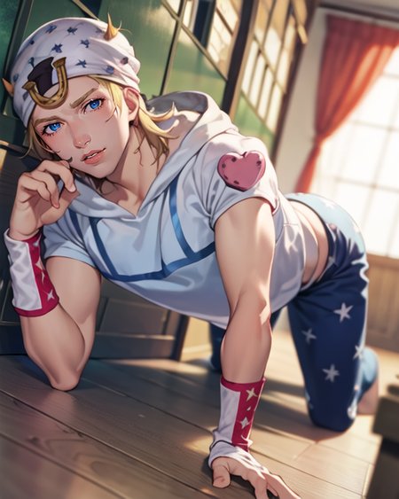 <lora:johnnyJoestarLora_v4:1.2> ((perfect face, perfect nose, perfect lips)),  detailed intricate, (masterpiece, best quality:1.3), star pattern pants, hat, portrait, ((1boy)), male, (19 yrs:1.1), johnnyjojo, detailed blue eyes, solo, blonde hair, fullbody, jojo, pinup art  <lora:vividImpactfulStyle_v30ab:0.5>