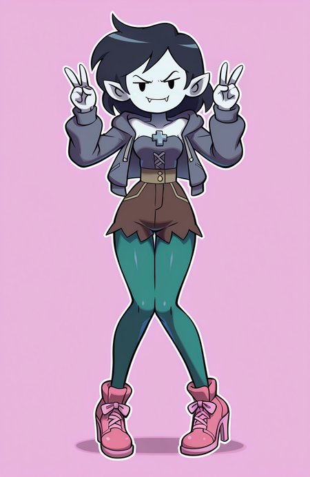 1girl, solo,  <lora:PiratesCurse:1> prtcrs,
<lora:adventuretime_marceline:0.5> adventuretime_marceline, black hair, pointy ears, black eyes, solid oval eyes, fangs, light grey skin, grey cross-laced hoodie, strapless dress , hood down, brown high-waist shorts, green high-waist pantyhose, pink high heel sneakers,
double v, knees together, feet apart, confident expression, extremely detailed, highres, masterpiece, best quality