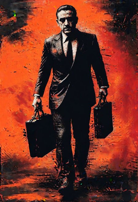 impactful paint of a mafioso carrying a briefcase, highly detailed, professional painterly, high contrast, oversaturated, deep blacks, painterly, color splashing, 4k, uhd, masterpiece