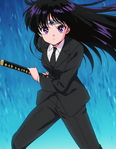 masterpiece, best quality, newest, absurdres, highres, safe,, <lora:rei-hino-s3-ponyxl-lora-nochekaiser:1>, rei hino, black hair, diadem, long hair, purple eyes, parted bangs, medium breasts, anime screencap, <lora:battoujutsu-stance-illustriousxl-lora-nochekaiser:1>, battoujutsu stance, looking at viewer, holding, weapon, sword, holding weapon, holding sword, standing, katana, sheath, sheathed, fighting stance, ready to draw, shirt, long sleeves, jacket, white shirt, necktie, collared shirt, pants, black jacket, floating hair, black pants, formal, suit, black necktie, black suit, pant suit,, ,