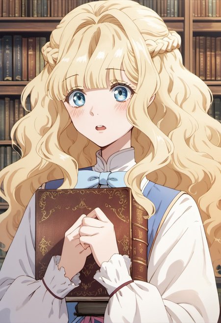 score_9, score_8_up, score_7_up, source_anime, elianna bernstein, blonde hair, long hair, blue eyes, 1girl, solo, bookshelf, braid, library, bow, book, blush, open mouth, long sleeves, wavy hair, upper body