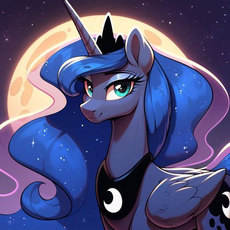masterpiece, score_9, score_8_up, score_7_up, (best quality:1.1), ultra-detailed, high resolution, beautiful detailed eyes, Long eyelashes, Looking At Viewer, Highly Visible, 8k, Princess Luna, pony, alicorn, g4, both cutie marks, female, feral, sharp focus, beautiful, perfect lighting, beautiful eyes, anatomically correct, anatomically correct face, extremely detailed, (In the starry night sky), shine on body, high detail, proud face, Expressiveh, OverallDetail