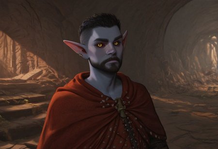 solo, short pointy ears, piercings, random elf face, aquiline features, male dark elf, masculine, long beard, weathered skin, large nose, athletic build,  animated realism, zoomed out, Syrian features, torso, brass pipes and gears, intricate architecture, dwarven masonry, dwemer fixtures, white-green light, gloomy lighting, ancient ruins, interior, stone tiled floor, grey-blue skin, mahogany and ivory clothes, medium armor, bone plate armor, ivory straps and fittings, grey wood neckguard, dark red sclera, black pupils, distant mushroom forest, blue-green light, neon, highly detailed, defined features, looking at viewer, three quarters view, from front, dynamic lighting, 56 years old, light and shadows, patterned cloth, annoyed expression, expressive eyes, detailed medieval clothes, short hair, wavy hair, thick hair, beaded hair, braided hair, under cut hair, semirealistic, alien elf, spanish features, jewish features, black hair, dark red hair, umber skin, sharp features, pastel green berber print cloak, nighttime, high detail, absurdres, pretty eyes, detailed eyes, yellow eyes,
