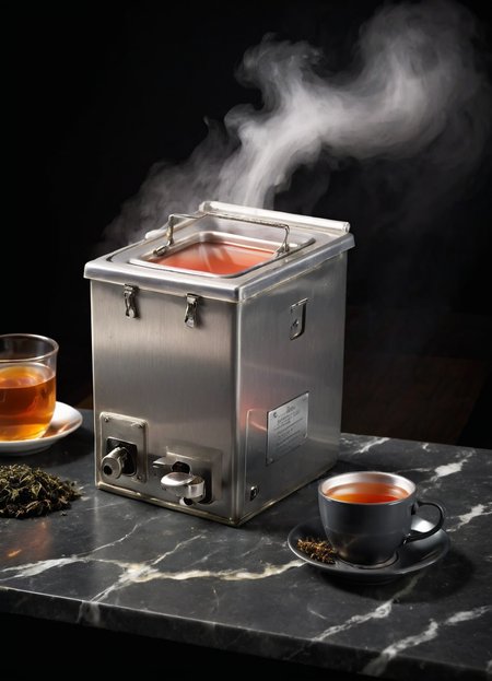 advertising for a (blngvsl) item on a black marble table, open lid, dramatic light, cup of tea in the foreground with hot steam rising in the air, 
 <lora:British_Army_Boiling_Vessel_SDXL:1>