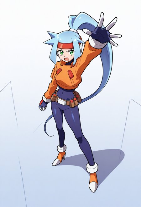 1girl, solo, ashemmzxa, blue hair, long hair, high ponytail, headband, green eyes, robot ears, bodysuit, crop top, long sleeves, white bracelet, gloves, belt, high heels, from above, one arm up, reaching out, standing, open mouth, shouting,