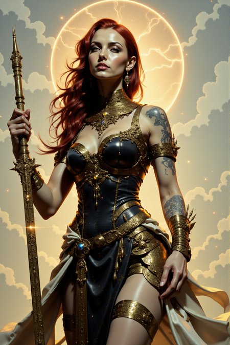 <lora:FANCHA_v.4:0.99> Fancha style.   A celestial huntress stands with poise and authority, her body adorned in intricate battle regalia combining elements of delicate, bronze-like metallics and flowing, ethereal fabrics. Her hair flows in radiant shades of crimson and gold, blending into the faint glow of the cosmic aura that surrounds her. Her ornate, magical weaponâa blade shimmering with stars and swirling galaxiesâis poised behind her, as if it exists in harmony with her celestial essence. Tattoos of ancient constellations weave across her arms and chest, glowing faintly in the soft light. Her expression is a mix of fierce determination and calm serenity, as though she is both protector and destroyer. The background fades into a subtle gradient of warm golds and whites, emphasizing her as the focal point of this cosmic vision.