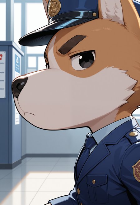 masterpiece,best quality, amazing quality, 1boy, solo, c0pper, dog boy, chibi, white undershirt, blue collared shirt, close up, side angle, black eyes, blue necktie, serious, looking at viewer, police station,