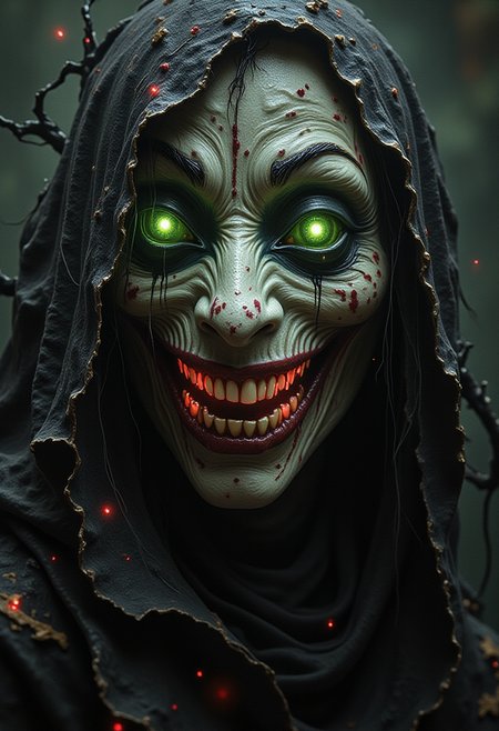 ws, this composition envisions a surreal and haunting portrayal of Mater Lachrymarum, the Mother of Tears. The scene features a close-up portrait of a smiling woman, revealing sharp teeth, her face half-shrouded in shadow, green eyes glowing. Her expression is a blend of grief and mystique, as if she carries the burden of ancient sorrows. The texture of the artwork reflects a unique combination of materials: the background is painted in the style of an oil painting, with brushstrokes that are rich and tactile, while her featuresâparticularly the reflective surface of her cloakâare rendered in copper, giving them a metallic sheen. The overall tone is dark yet luminous, blending classical painting techniques with a modern, metallic finish, evoking both emotional depth and otherworldly beauty. Hints of glowing red are subtly incorporated into the ceramic elements, adding to the ethereal quality of her presence.