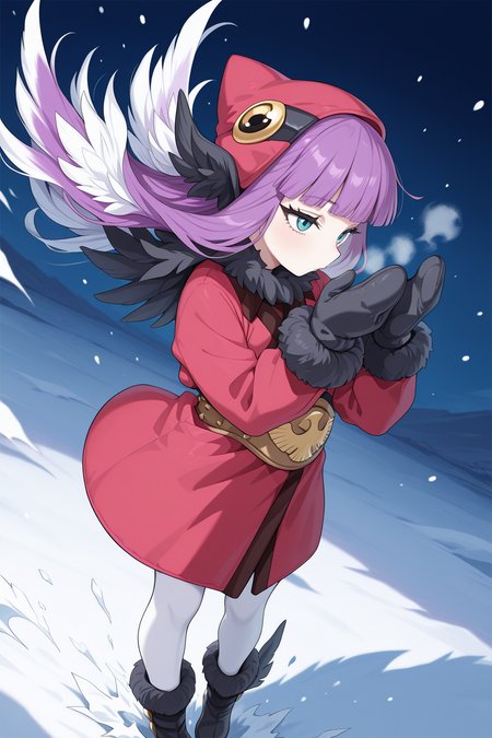1girl,
MuushuWuuShinMegamiTensei,
safe, solo, dynamic angle, upper body,
long hair, hair wings, purple hair, multicolored hair,
white hair,
hat, fur trim, earmuffs, blunt bangs,
long sleeves, mittens, black gloves, coat,
white pantyhose, black footwear,
flapping, adjusting hair,
blue theme, blizzard,
<lora:kp_MuushuWuuShinMegamiTenseiIllustrious_v1_0:1.0>,
masterpiece, best quality, amazing quality