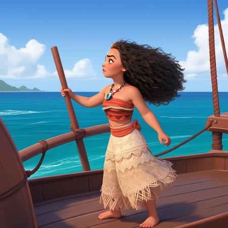 score_9, score_8_up, score_7_up, score_6_up, score_5_up, score_4_up, rating_explicit, Moana, standing on a raft, ocean, wind blow hair, solo