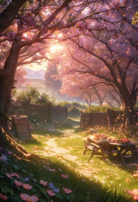 (raytracing, best quality, 8k, high res, masterpiece:1.2, picnic on grass), photorealistic, ultra-detailed, vibrant photography of a picturesque peach orchard at sunset, The trees are heavy with ripe, glistening peaches in shades of red, green, and gold, their leaves a vibrant, healthy green. Sunlight filters through the branches, casting a warm, golden glow over the entire scene. Delicate peach blossoms still cling to some branches, adding a touch of soft pink and white to the landscape. The ground is covered with a lush carpet of grass and wildflowers, with fallen peaches scattered about. A rustic wooden fence borders the orchard, and in the background, rolling hills and distant mountains are bathed in the warm, fading light of the setting sun. A gentle breeze rustles the leaves and carries the sweet scent of apples through the air. This idyllic scene captures the serene beauty and abundance of nature in exquisite detail. (dynamic angle, cinematic lighting, ethereal atmosphere:1.1), (extremely detailed:1.2), (vivid colors:1.3), (perfect composition:1.2), (sharp focus, stunning realism:1.2)