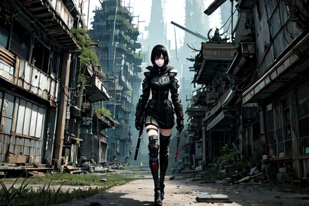 highly insanely detailed, masterpiece, top quality, best quality, highres, 4k, 8k, RAW photo, (very aesthetic, beautiful and aesthetic),  
tsutomu nihei,nihei_tsutomu,blame!,blame gakuen!,abara,TNstyle,sidonia_no_kishi,wire,drainpipe,futuristic,science fiction,empty,blm,no human,vast scenery,perspective,open space,decrepit,cyberpunk,dystopia,destroyed,flock, 
<lora:ABARA:0.3>, 
(1girl:1.3), 
solo focus, 
Intricately Detailed Cinematic Bamboo forest,âââ
