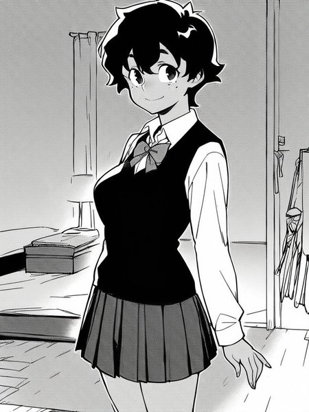 score_9, score_8_up, score_7_up,  
1girl,  monochrome, Seiko ee, medium hair, black hair, tan, black eyes, large breasts, freckles,
standing, smile, closed mouth, looking at viewer, bedroom, solo, 

school uniform, pleated skirt, white shirt, long sleeves, bowtie, black sweater vest, 