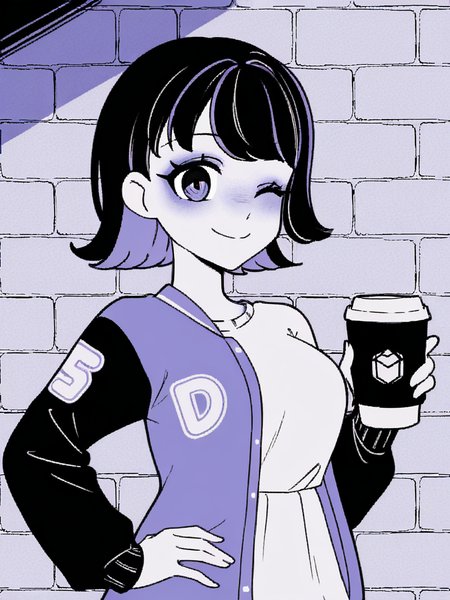 1girl, monochrome, purple theme, 

medium hair, black hair, two tone hair, purple hair,
white t-shirt, varsity jacket, 
brick wall,
standing, upper body,
smile, looking at viewer, wink, one eye closed, hand on hip, holding coffee cup, coffee cup,