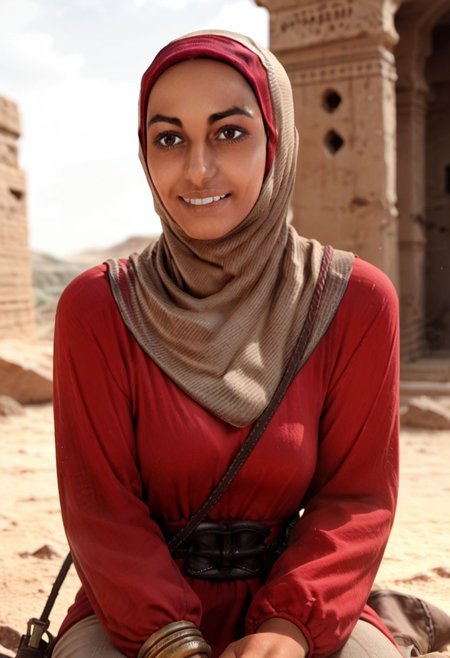 score_9_up, score_8_up, score_7_up, score_6_up, score_5_up, score_4_up, solo, 1girl, Dania_jawad, hijab, brown eyes, sitting in ancient ruins in a desert, smile