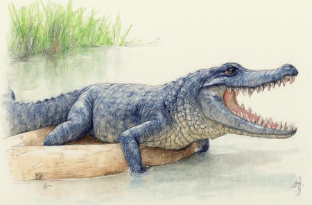 Sharp image of a rough sketch, rendered in vibrant multi colour ballpoint pen, capturing the adorable features of a close-up of a crocodile resting on a log in a body of water. The crocodile is facing towards the right side of the image and its mouth is open wide, revealing its sharp teeth. Its body is covered in black scales and its eyes are dark and alert. The background is blurred, but it appears to be a natural setting with green vegetation and water.  p3nsk, <lora:p3nsk:1>