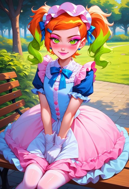 score_9, score_8_up, score_7_up, source_anime , 1girl, gwen tennyson (/Ben10)/, (ultra HD quality details), bright orange hair, pastel hair, long twintails, girly twintails, hair bows, multiple hair bows, very long hair, gradient hair, multicolored hair, pastel streaked hair, masterpiece, best quality, absurdres, 
(pastel theme, lolitafashion:1.2), pastel lolitafashion, sweet lolitadress, pink shiny lolitadress, victorian dress, kawaii, cute, moe, puffy pink dress, petticoat, puffy sleeves, pastel colors, pastel pink, pastel blue, frilled bell skirt, pastel pantyhose, pastel dress, puffy sleeves, gloves, pastel headdress, many bows, multiple bows, ribbons, frills, frilled fabric, center frills, sparkles, glitter, cute lolitashoes,
lipstick, long eyelashes, eyeshadow, eyeliner, mascara, blush, pastel makeup,  
outdoors, nature, park, park bench, 
(solo:1.2), sitting, on bench, full body, dynamic pose, dutch angle, looking at viewer, v arms, half-closed eyes, happy smile, closed mouth,
intricate, highly detailed, majestic, shallow depth of field, movie still, circular polarizer