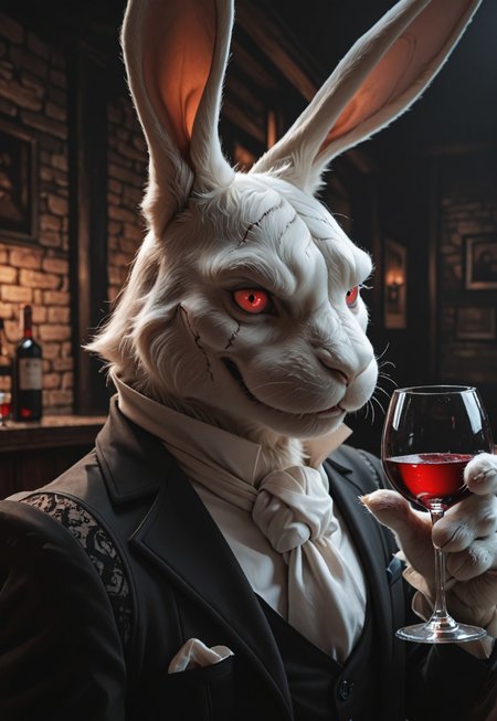 best quality, amazing quality, very aesthetic, absurdres, newest, realistic, photorealism, white_rabbit_dmc, furry, furry male, solo, 1boy, rabbit ears, formal, angry,  stitches, red eyes, dark pub background, dutch drinking wine, face focus, upper body