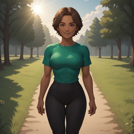 score_9, score_8, BREAK, solo, wii, mii, wii sports, 1girl, female mii, brown hair, black eyes, brown eyebrows, brown lips, lipstick, plump, dark skin, dark green clothing, black pants, shoes, nintendo mii, modern_mii, classic_mii, big breasts, Delilah_(Wii_Sports), sexy pose, smile, outdoors, sunlight, shadows, evening lighting, natural lighting, forest, trees, grass, orange sky, sunset