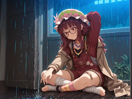 masterpiece,best quality,amazing quality, solo, character focus, 
soft shadows, dramatic lighting,        rain, wet, water, spring,  
1girl,         flat chest, bandaged feet, colorful knee high socks,    layered necklaces,  nostalgic,
reaching behind head (stretch or nervous),  close up, 
floral print,  feminine hat,    glasses,
dark Red clothes,   overalls,   trench coat, 
school classroom, stone hearth, 
<lora:add-detail-xl:1> <lora:Detailer_NoobAI_Incrs_v1:1> detailed <lora:cfg_scale_boost:0.3> <lora:feet_anime_il_v3:1> <lora:Dramatic Lighting Slider:0.8> <lora:hand 5.5:1> <lora:alpha91_peak_maxing:1> alpha91 <lora:Lycoris Recoil style-Illus:0.6> Lycoris Recoil style <lora:jiaocha_illustriousXL:0.4> <lora:jnetz_sc_5-centimeters-per-second_2007:0.4> 5cmps07 <lora:Sinozick_style:0.3> Sinozick_illu, <lora:NijijourneyNoob_byKonan:0.4>