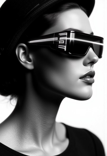 woman in sunglasses and a hat. black and white image, in the style of ray tracing, precision in details, Dmitry Kustanovich, frontal perspective, Nikola petals, close-up shots, bold and bright --ar 14:25 --stylize 750 --v 6