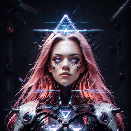 score_9,score_8_up,score_7_up, glitch, d1splaygl1tchl1nes, a glowing (triangle:1.2), (medusa (fate):0.95), cyborg, mecha, breasts, contrapposto, shiny, glamour, makeup, glossy, glowing eyes, anamorphic, science fiction, geometric, cyberpunk style  <lora:Glitch:0.7>  <lora:Display_Glitch_Lines_Effect_PONY_XL_by_UOC:0.7> <lora:futuristic_Concept:0.2> <lora:Cyberpunk_Style:0.2> <lora:TransHumanizm_Concept_PONY_XL_by_UOC:0.4>, (black background:0.8), particles, dust, lines,long hair, forehead mark