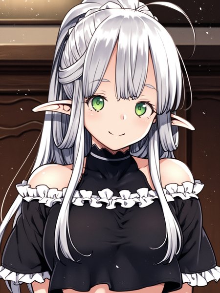 <lora:happy_tentacle-himono_elf-v0.1-000024:1>, ht_himono_elf, green eyes, silver hair, crop top, undershirt, frilled dress, off shoulder, short sleeves, hair over shoulder, indoors , 1girl, solo, portrait , , ( smile :1), , looking at viewer , standing , facing viewer , score_9, score_8_up, score_7_up, score_6_up, score_5_up, score_4_up