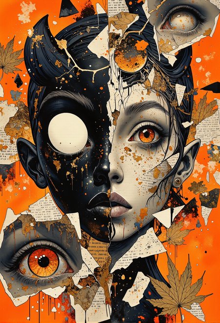 An abstract and surreal composition depicting the head-to-head meeting of two contrasting worlds: a black cartoon monster with oversized, glowing white eyes and a dreamy, real-life woman. The monster, drawn in a simplified, smooth cartoon style, contrasts sharply with the detailed, ethereal appearance of the woman, whose face exudes mystery and depth. The background is a vibrant monochromatic orange, layered with jagged glitch art, fragmented text, and metallic streaks that merge the digital with the analog. Floating shards of splintered glass and mirrors reflect distorted glimpses of both figures, intensifying the theme of fractured reality. Torn pieces of cartoon books and scattered text fragments weave throughout the background, creating a chaotic yet intricate atmosphere. Smudged paint and gritty textures blend with surreal golden accents, such as veins of light and delicately scattered golden field maple leaves, adding an organic touch to the otherwise surreal and otherworldly scene. The juxtaposition of cartoon simplicity and photorealistic detail creates a striking, dreamlike image. <lora:Dever_Flux_Enhancer.safetensors:0.5>,  <lora:Elden_Ring_-_Yoshitaka_Amano.safetensors:1.0>,  <lora:boFLUX digital-abyss.safetensors:0.3>,  <lora:boFLUX AbstractMorph.safetensors:1.0>,  <lora:RM_Artistify_v1.0M.safetensors:0.7>,