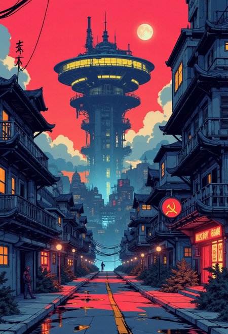 BustlingCity, FoldedStreet, TwistedBuildings, DistortedArchitecture, FunhouseMirrorWindows, LoopingRoad, MeltingStreetlight, LiquidLightPool, UnpredictablePerspective, ShiftingGravity, RainyWeather, WetStreetReflections, LampostGlow
manga, anime, inksketch, minimalist digital illustration, A digital artwork in the style of cknc, a wabi sabi watchtower with a landing platfrom, 
S1n0z1ck style, A digital artwork in the style of bladerunner. There is a communist logo in the sky, the sky is red,
<lora:s1n0z1ck-flux-test-lora:0.3>  <lora:Anime v1.3:0.6>
<lora:ck-Sommo-Concept-Art:0.6>
<lora:ck-nc-pastel-cyberpunk:0.2>
<lora:ck-shadow-circuit:0.3>
<lora:ck-MetalGearSolid:0.45>