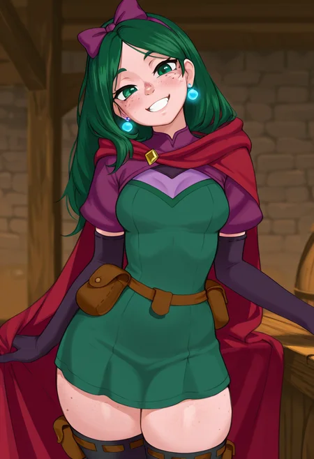 masterpiece, best quality, amazing quality, solo, 1girl, green eyes,  green hair, freckles, blue earrings, long hair, parted bangs, purple hairbow, red cape, purple shrug, green dress, short dress, hip pouch, black thighhighs, black elbow gloves, head tilt, slim, medium breasts, thick thighs, pals together, grin, standing, tavern,, <lora:Zehmun_Style_IL:1>