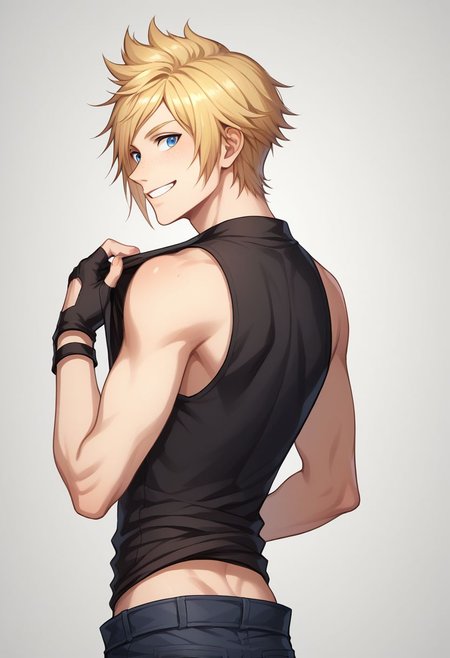 score_9, score_8_up, source_anime, highly detailed, 1boy, solo, male_focus, slender, skinny, upper body,
prompto, 1boy, male focus, solo, blue eyes, blonde hair, gloves, fingerless gloves, boots, freckles, shirt, sleeveless, shirt lift, smile, looking back, clothes lift, from behind, grin,
indoor,