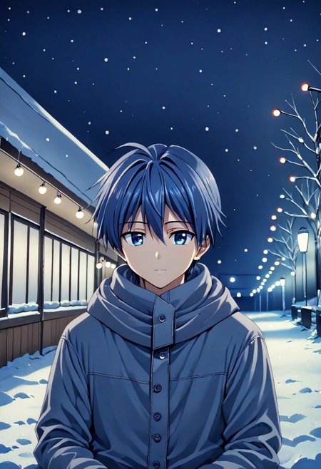 high resolution, solo, best quality, 1Boy, Tomoya Okazaki, Grey Blue Hair, winter, Northern Lights, Stargazing, OverallDetail