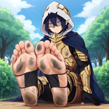 masterpiece, best quality, sharp aliasing, highly detailed, blue cape, armour, black gloves, outdoors, day, muddy ground, tree, bush, barefoot, toeless legwear, armoured legwear, stirrup legwear, 5 toes, Quality, High Definition, Full body view, solo, Tamaki Amajiki, pointy ears, dark blue hair, hair between eyes, hood, mask, male, male body, feet focus, feet, soles, dirty feet, sitting