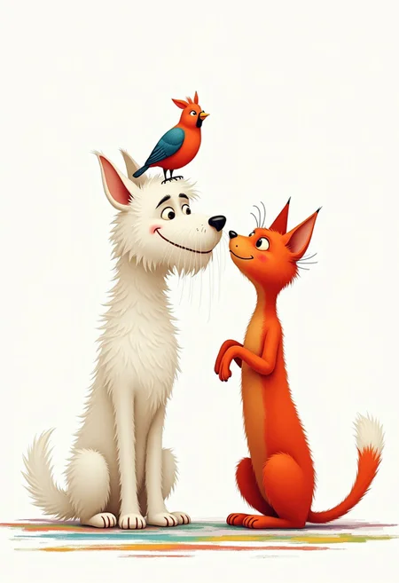vibke rauers style, an illustration of a white shaggy dog and a tall red funny cat, birdie sitting on its head and looking into the cat's face, full-length, funny, humor, on a white background with colored stripes, emotions, movement, funny pose, intricate details, high details, colorful, chiaroscuro lighting, professional photoshoot