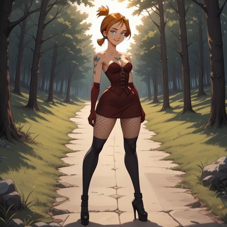 score_9, score_8, BREAK, solo, dark red corset, dark red elbow gloves, 1girl, orange hair, short ponytail, blue eyes, black high heels, black knee socks, fishnets, chest tattoo, breasts, total drama, Crimson_(\Total_Drama\), sexy pose, smile, outdoors, sunlight, shadows, evening lighting, natural lighting, forest, trees, grass, orange sky, sunset
