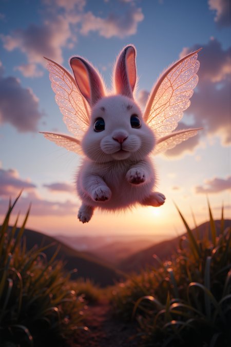 fluorescent, glow, a small, winged rabbit with fur that shimmers like stardust soars through the twilight sky. Its delicate, translucent wings catch the light of the setting sun, glowing with soft hues of pink and gold. Below, rolling hills covered in tall grass stretch out to the horizon, bathed in the last warm rays of the day. The rabbitâs fur ripples as it darts through the air, its large, expressive eyes focused on the distant horizon. The soft texture of its fur contrasts with the sleek, smooth surface of its wings, creating a richly tactile scene. A subtle vignette highlights the rabbitâs effortless flight, as it twists and turns through the sky with joyful grace, bringing a sense of whimsy and freedom to the moment.<lora:aidmaMJ6.1-FLUX-V0.1:0.6><lora:Movie_Portrait><lora:Flux DetailerV2>