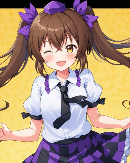 himekaidou hatate,tokin_hat, one_eye_closed, twintails, necktie, open_mouth, checkered_skirt, smile, v, 1girl, solo, shirt, 2girls, short_sleeves, blush
<lora:himekaidou_hatate_image2639_2023-12-20-000010:1>,star-shaped_pupils,symbol-shaped_pupils,. gorgeous,key visual, vibrant, studio anime,award-winning, professional, highly detailed,high budget, cinemascope