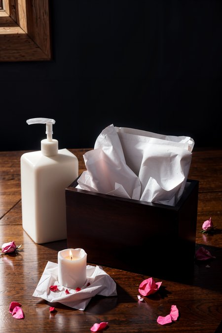 (best quality, masterpiece:1.2), hdr, no humans, moody lighting, 
,tissue, tissue box, lotion bottle, rose petals, pink, white, red, valentine theme, simple background, candle
, <lora:add_detail:1> <lora:picxer_real:1>