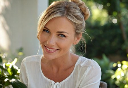 "A hyper-detailed, high-resolution (8K) close-up portrait of a 40-year-old woman with sleek blonde hair tied back in a soft bun, wearing a light, airy white blouse. Her striking blue eyes gleam with happiness, framed by delicate laugh lines that enhance her natural charm. The background is intentionally blurred, suggesting a lush garden terrace brunch—sun-dappled foliage, a wrought-iron table, and scattered morning light filtering through leaves. Shot with a Hasselblad H6D-100c medium-format camera, using a tight crop and a shallow depth of field (f/2.8) to emphasize the interplay of light on her skin and the fine strands of her hair. The lighting is natural yet sculpted, inspired by Annie Leibovitz’s ability to blend realism with ethereal beauty."