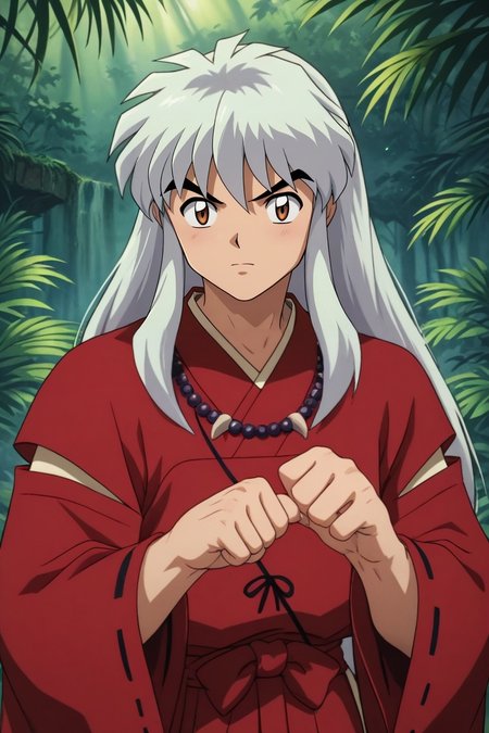 score_9, score_8_up, score_7_up, source_anime, rating_safe, intricate details, semi-realistic, looking at viewer, depth of field, 1boy, solo, male focus, <lora:inuyasha_pony:0.96>, inuyasha, black hair, brown eyes, necklace, jewelry, , kimono, japanese clothes, , rule of thirds, jungle, rainforest, ruins, dark, paw pose, :D, , <lora:sdxl_lightning_8step_lora:1>