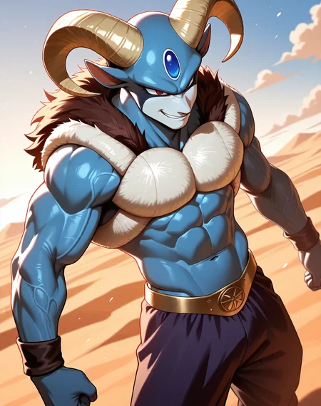 <lora:Moro_4th_Form_(Dragonball_Z)_(Illustrious)_(AD):1.35> Moro, muscular, goat,
dutch angle, exterior, desert, sky with detailed clouds,
male focus, gradient coloring, solo, cowboy shot, bent leg, perfect proportions, veiny muscles, blue body, large biceps, abs, soft shading, evil smirk, white chest armor, fur lined neckline, 
BREAK very awe, aesthetically pleasing, masterpiece, best quality, amazing quality, very aesthetic, perfect depth of field shot, in'ei, furry_art, source_furry, source_anime,
EZRealPONYXL, zPDXL, Smooth Quality, lazympos, IllustQualXL_Pos,