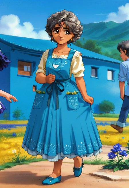 Solo. Julieta Madrigal walking through a field of blue flowers, in a completely blue sky.
Julieta,1girl,tanned skin,curly black and gray hair tied in a bun,hazel eyes,blue dress with a blue kitchen apron,brown flat shoes, gold earrings
score_9, score_8_up, score_7_up,source_anime,BREAK,
retro artstyle 1990s \(style\) 1980s \(style\) 2000s \(style\)
