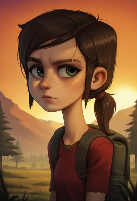 N4KV1,  stylized, semi_realistic, masterpiece, best quality, solo,    ,ellie\(the last of us\), green eyes, ponytail, freckles,  eyebrow raised, wooded area, trees, backpack,,  red shirt, sunset, warm colors,