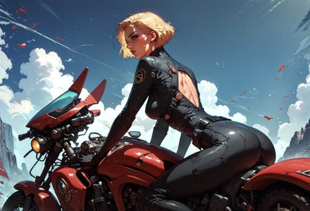 score_9, score_8_up, score_7_up,  back/side view, woman in a black latex suit, riding a red motorcycle, Star Trek setting, retrofuturism, black belt, looking back at viewer, blonde hair, short hair, sunglasses  <lora:pony/twilight_style:0.8> concept art, <lora:pony/expressiveh:0.8> expressiveh, <lora:pony/kenva:0.7> <lora:sdxl/sinfully_stylish_sdxl>