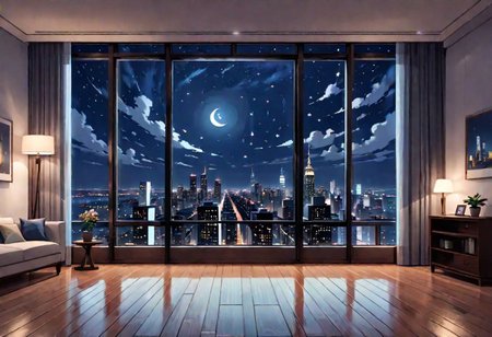 ((((front view)))), Shallow scene, ((animation style)), (((City high-rise building scenery))), ((((City scenery outside the window)))), ((sense of mystery)), (night), starry sky, moonlight, (weak light), (Facing the window), (open window), modern-style interior, Wooden floor, with white walls, (large windows), ((sofa and coffee table by the window sill)), a living room, (((Sofa placed horizontally))), (Behind the sofa is the window sill),